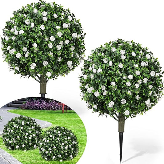 24 Artificial Topiary Ball Tree with Flower Set of 2,Outdoor Fake Topiary with Ground Spike,UV Resistant Faux Artificial Plant Bushes for Indoor Outdoor Front Porch Garden Decor(White)