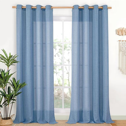 YoungsTex Extro Long Linen Curtains 102 Inch Length for Living Room, Light Filtering Semi Sheer Drapes with Bronze Grommet Privacy for Dining Bedroom Window, Denim Blue, 52 x 102 Inch, 2 Panels