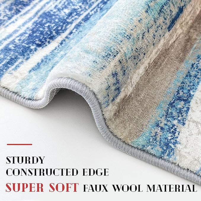 Modern Abstract Runner Rug 3x14, Blue Washable Long Kitchen Runner Non-Slip Soft Hallway Rug Runner Ultra Thin Print Faux Wool Carpet for Entryway Bedroom Laundry Room Indoor Home Decor