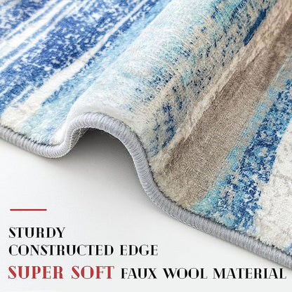 Modern Abstract Runner Rug 3x18, Blue Washable Long Kitchen Runner Non-Slip Soft Hallway Rug Runner Ultra Thin Print Faux Wool Carpet for Entryway Bedroom Laundry Room Indoor Home Decor