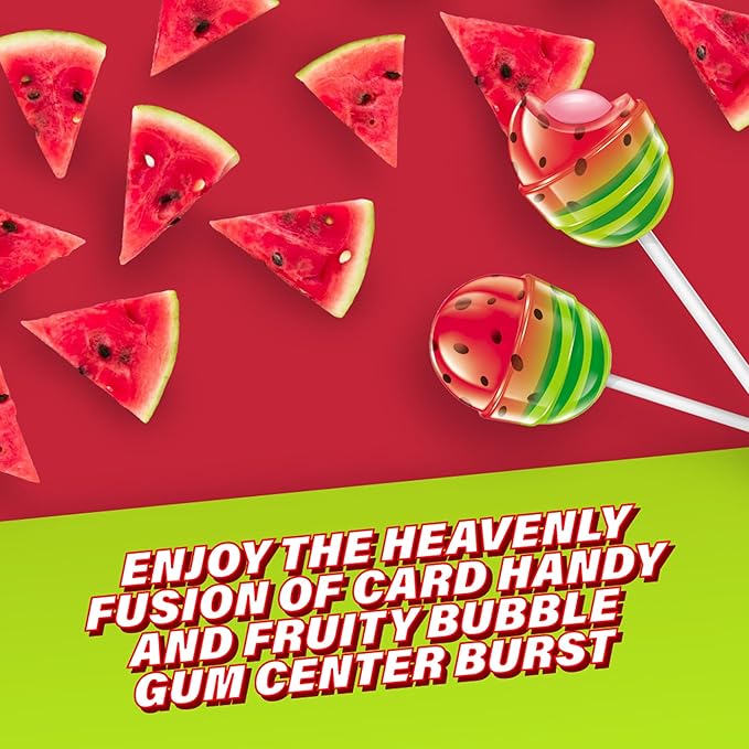Colombina Bon Bon Bum Lollipops w/Bubble Gum Center, Watermelon Flavor, Individually Wrapped, Ideal for Party Favors and Gifts, 2 Pack (24 Count)