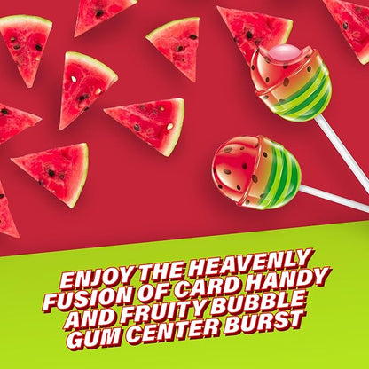 Colombina Bon Bon Bum Lollipops w/Bubble Gum Center, Watermelon Flavor, Individually Wrapped, Ideal for Party Favors and Gifts, 2 Pack (24 Count)