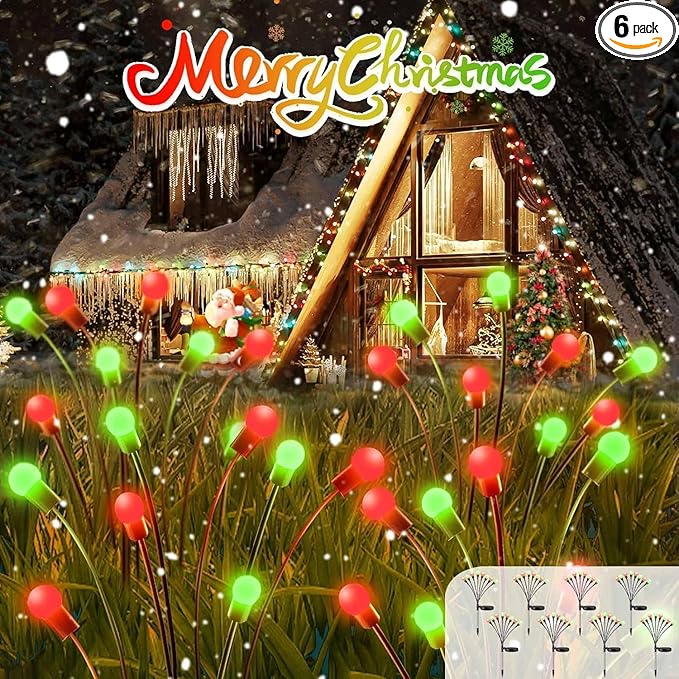 OZS 6Pack Total 48LED Solar Garden Lights Christmas Fairy Outdoor - Solar Firefly Lights Fairy Outdoor, Sway by Wind, Waterproof for Pathway Patio Yard Christmas Decorations(Red&Green)