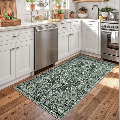 KUTA 3x5 Vintage Area Rug, Floral Kitchen Rugs Dark Green Washable Non-Slip, Ultra Soft Printed Distressed Medallion Entry Carpet Low-Pile Throw for Entrance Bedroom Living Room