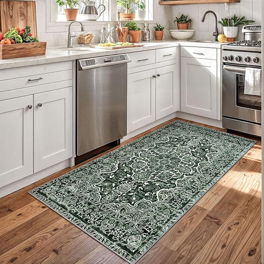 KUTA 3x5 Vintage Area Rug, Floral Kitchen Rugs Dark Green Washable Non-Slip, Ultra Soft Printed Distressed Medallion Entry Carpet Low-Pile Throw for Entrance Bedroom Living Room