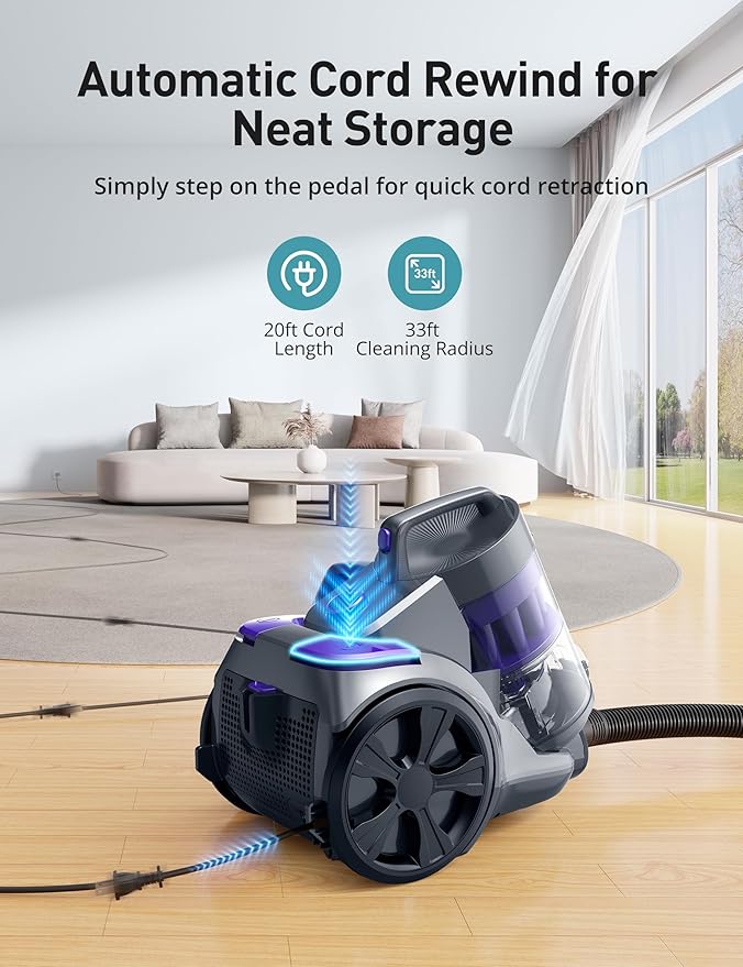 Aspiron 1700W Canister Vacuum Cleaner, 32Kpa Bagless Vacuum Cleaner, Multi-Cyclonic Filtration, 2 Anti-Allergen HEPA Filters, 3.5QT Dust Cup, 4 Tools, Corded Vacuum for Hard Floor, Pet Hair, Violet