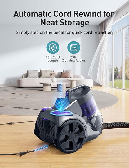 Aspiron 1700W Canister Vacuum Cleaner, 32Kpa Bagless Vacuum Cleaner, Multi-Cyclonic Filtration, 2 Anti-Allergen HEPA Filters, 3.5QT Dust Cup, 4 Tools, Corded Vacuum for Hard Floor, Pet Hair, Violet