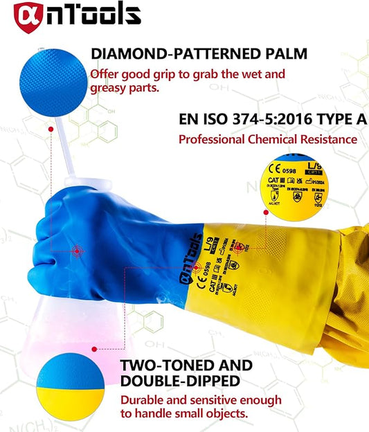 Neoprene and Rubber Blend Heavy-Duty Chemical Gloves, Protective industrial gloves for Resist Acid, Alkali, Hazmat, cleaning, dishwashing, Large
