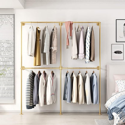 BOSURU Industrial Pipe Clothing Rack Wall Mounted,Clothes Racks with Double Hanging Rods for Closet Storage(Gold)
