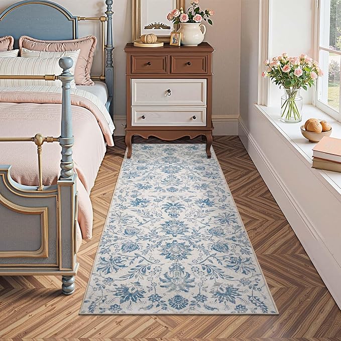 jinchan Runner Rugs 2x6, Vintage-Inspired Floral Design Machine Washable Non-Slip Ultra-Thin Low-Pile Rubber Backing Runner Rug for Kitchen Hallway Laundry Room Entryway Dark Blue