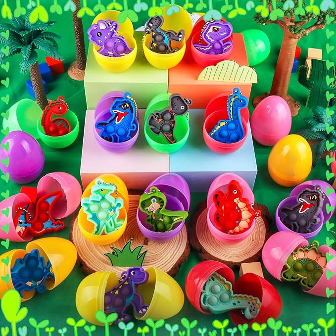 24 Pack Prefilled Easter Eggs with Dinosaur Fidget Toys, Easter Eggs Filled for Egg Hunt, Kids Basket Stuffers, Easter Party Favors