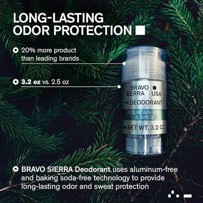 Aluminum-Free Deodorant for Men by Bravo Sierra, 2-Pack - Contains Natural Ingredients - Long Lasting All-Day Odor and Sweat Protection - Mountain Pine & Spice - Paraben-Free, Vegan & Cruelty-Free