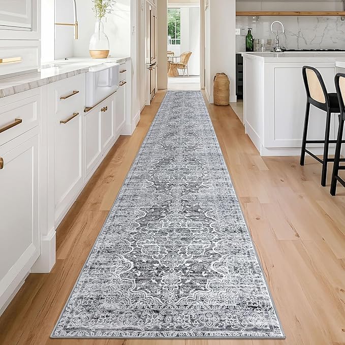 KUTA Extra Long Runner Rug for Hallway 2.6x18ft, Grey Blue White Vintage Washable Kitchen Runners, Non-Slip Stair Rugs Ultra Soft Printed Modern Floral Distressed Carpet for Bedroom Living Room