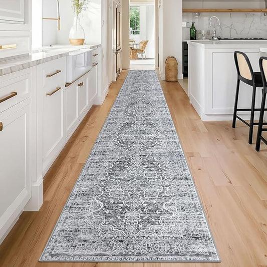 KUTA Extra Long Runner Rug for Hallway 2.6x18ft, Grey Blue White Vintage Washable Kitchen Runners, Non-Slip Stair Rugs Ultra Soft Printed Modern Floral Distressed Carpet for Bedroom Living Room
