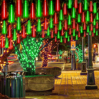 2 Pack Christmas Decorations Lights Outdoor, Extendable Meteor Shower Lights with Timer, Total 384LED 30cm 16 Tubes Indoor Outdoor Snow Cascading String Light for Xmas Party Yard Decor (Red and Green)