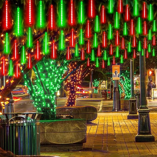2 Pack Christmas Decorations Lights Outdoor, Extendable Meteor Shower Lights with Timer, Total 384LED 30cm 16 Tubes Indoor Outdoor Snow Cascading String Light for Xmas Party Yard Decor (Red and Green)