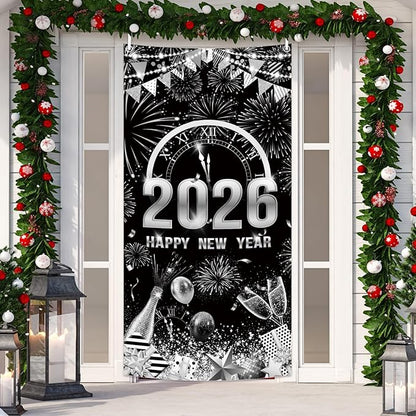 MEHOFOND 2026 Happy New Year Door Cover, Black and Silver New Year Front Door Party Decorations, Cheers to 2026 Hello 2026 Fireworks Champagne Balloon Decor Holiday Party Photo Booth Props