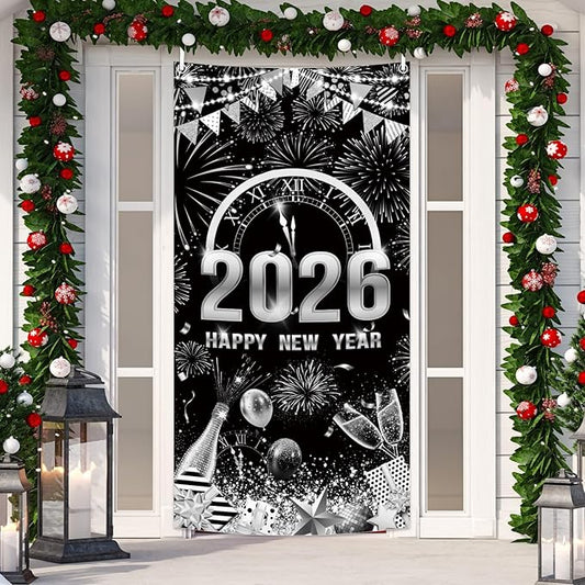 MEHOFOND 2026 Happy New Year Door Cover, Black and Silver New Year Front Door Party Decorations, Cheers to 2026 Hello 2026 Fireworks Champagne Balloon Decor Holiday Party Photo Booth Props