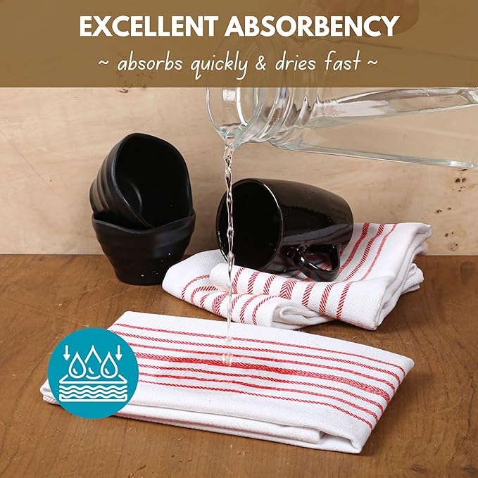 Native Fab 100% Cotton Red Kitchen Dish Towels Set of 4 Scandia Stripe 16"x26" - Herringbone Tea Towels, Dish Cloths for Drying Dishes, Absorbent Towels Set with Hanging Loop - Red White