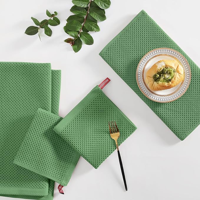Homaxy 100% Cotton Kitchen Towels and Dishcloths Set, 12 x 12 Inches and 13 x 28 Inches, Set of 10 Bulk Kitchen Towels Set, Ultra Soft Absorbent Dish Cloths for Washing Dishes, Grass Green