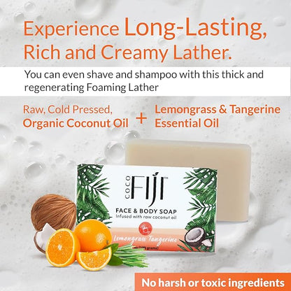 "Coco Fiji Soap Bar for Face and Body Infused With Organic Coconut Oil, Lemongrass Tangerine Essential Oil, Natural Soap for Moisturizing & Pore Purifying Skin, 7 oz, Pack Of 3 "