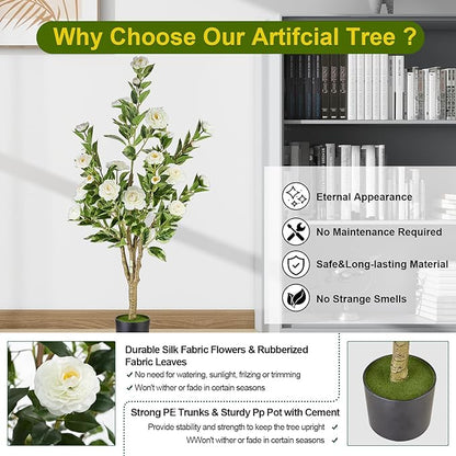 Artificial Tree 2pack, White Silk Camellia Flowers Faux Plant for Indoor Outdoor Home Decor, Realistic Potted Greenery for Office Porch Living Room-3FT