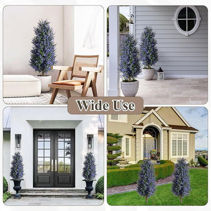 Christmas Artificial Lavender Cone Topiary Trees with Spike, 2 Pack UV Resistant & Anti Lodging Artificial Shrubs, 3FT Fake Evergreen Artificial Plant Brush for Indoor Outdoor Front Porch Garde