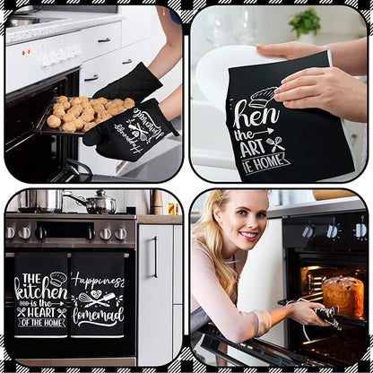 Sratte 6 Pcs Kitchen Decor Accessories Set Farmhouse Towels Pot Holders Oven Mitts Set 2 Dish Towels 2 Potholders 2 Cooking Mittens Oven Glove for Christmas Baking Cooking Supply(Black,Kitchen)