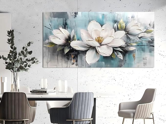 Ardemy Magnolia Wall Art for Living Room, Extra Large White Floral Canvas Wall Art Bedroom Painting Pictures Wall Decor Teal Flower Artwork for Walls Home Office Dining Room, 58"x29"