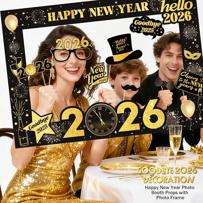 New Years Eve Party Supplies 2026 - Deluxe NYE Photo Booth Props Kit with Giant Glitter Photo Frame, 2026 Glasses (Pack of 20)