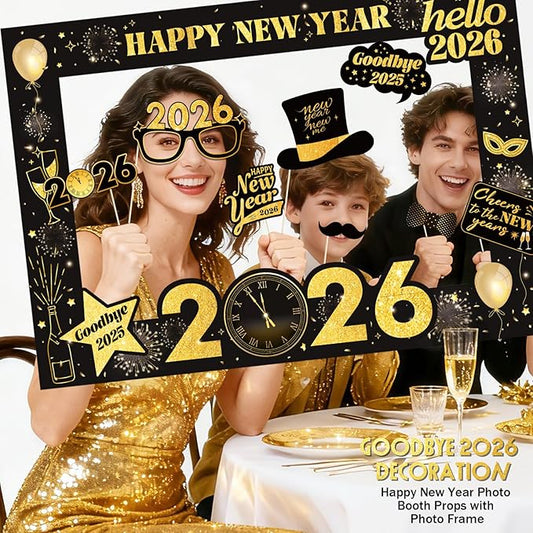 New Years Eve Party Supplies 2026 - Deluxe NYE Photo Booth Props Kit with Giant Glitter Photo Frame, 2026 Glasses (Pack of 20)