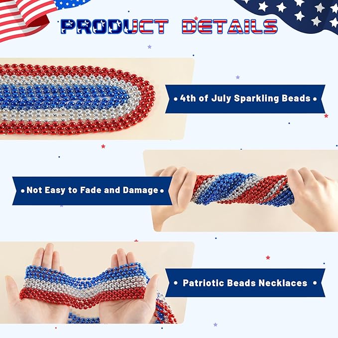 SHAOQINLIN 102 PCS Patriotic Bead Necklaces, 4th of July Oval Beads Necklaces Bulk 4th of July Accessories 30.5 Inch Metallic Red/Silver/Blue Beaded Necklace for Patriotic Day, Carnival Party Favor