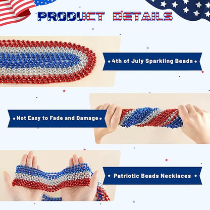 SHAOQINLIN 102 PCS Patriotic Bead Necklaces, 4th of July Oval Beads Necklaces Bulk 4th of July Accessories 30.5 Inch Metallic Red/Silver/Blue Beaded Necklace for Patriotic Day, Carnival Party Favor