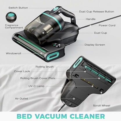 HAUSHOF Mattress Vacuum Cleaner, 15Kpa Bed Vacuum Cleaner with 275nm UV-C Light, 140°F Heat, Aromatherapy, HEPA Filter, Dual Dust Cups, Versatile Handheld Vacuums for Bed, Sofa, Couch, Crib
