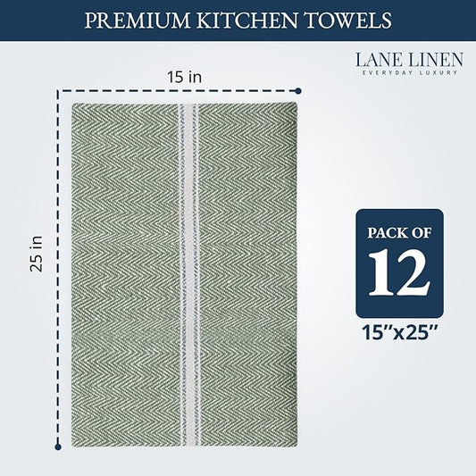 LANE LINEN Kitchen Towels Set - 100% Pure Cotton Dish Towels for Kitchen, Super Absorbent Kitchen Hand Towel, Tea Towels, Soft & Durable Dish Cloths, Pack of 12 – 14”x25”, Olive