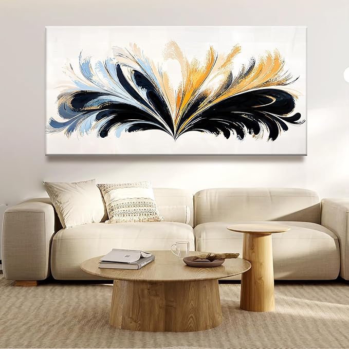 QSQ Large Black And Gold Abstract Wall Art For Living Room Canvas Art Wall Decor Abstract Blue Feather Wall Decor Print Picture For Bedroom Apartment Office Home Wall Decoration 29 X 58 Inch