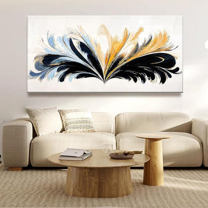 QSQ Large Black And Gold Abstract Wall Art For Living Room Canvas Art Wall Decor Abstract Blue Feather Wall Decor Print Picture For Bedroom Apartment Office Home Wall Decoration 29 X 58 Inch