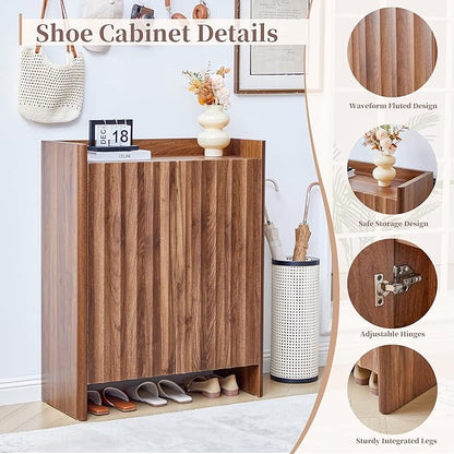 Fluted Shoe Cabinet, 5-Tier Shoe Storage Cabinet with Doors,Freestanding Hidden Shoe Cabinet Organizer, Narrow Shoes Storage Rack for Entryway (Walnut)