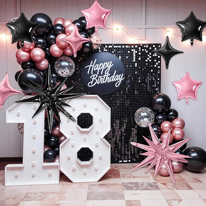 Pink Black Star Balloon,16Pcs Star Foil Balloons Set with 22Inch Explosion Spike Cone Balloons and 10Inch Quadrangle Helium Balloon for Birthday Wedding Baby Shower Party Decorations