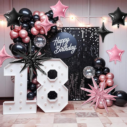 Pink Black Star Balloon,16Pcs Star Foil Balloons Set with 22Inch Explosion Spike Cone Balloons and 10Inch Quadrangle Helium Balloon for Birthday Wedding Baby Shower Party Decorations