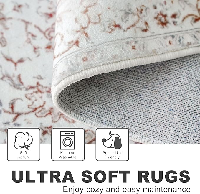 KILOCOCO Area Rug 5x7 Living Room Rug Washable Printed Vintage Floral Non Slip Soft Rubber Backed Indoor Bedroom Rugs for Laundry Room Kitchen Playroom Moroccan Area Rugs, White