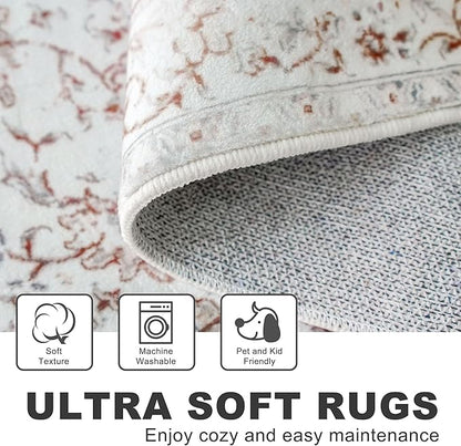 KILOCOCO Area Rug 5x7 Living Room Rug Washable Printed Vintage Floral Non Slip Soft Rubber Backed Indoor Bedroom Rugs for Laundry Room Kitchen Playroom Moroccan Area Rugs, White