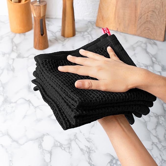 Cotton Waffle Weave Kitchen Wash Cloths - Pack of 6 (12x12 Inches) | Ultra Soft, Absorbent Dish Cloth | Quick Dry, Dish Cloths & Dish Rags - Black (Kitchen Essentials)