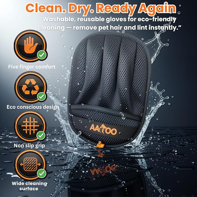 Pet Hair Removal Glove for Cats & Dogs with Silicone Dog Toothbrush – Reusable Magic Brush – Five-Finger Electrostatic Pet Hair Remover Glove for Laundry, Couch, Carpet & Car Seat
