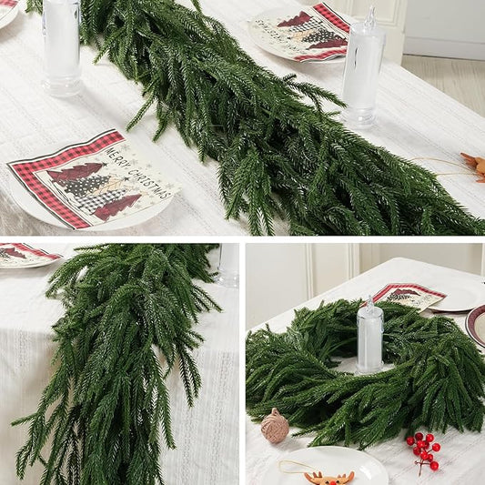 Christmas Norfolk Pine Garland, 2PCS 9Ft Real Touch Artificial Pine Greenery Christmas Garlands for Table Fireplace Wall Home Indoor Outdoor Decoration