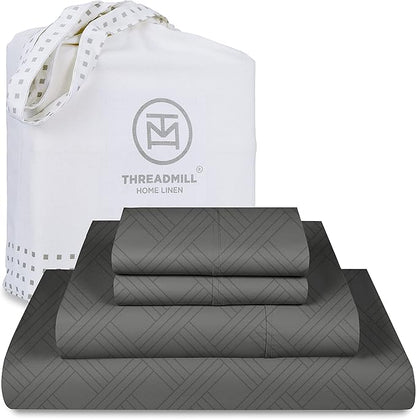 Threadmill Luxury 100% Cotton Queen Bed-Sheets - 800 Thread Count Jacquard Celine Dark Grey, Better Than Egyptian Cotton,4 Pc Striped Bed Set, Damask Sheets with Elasticized Deep Pocket