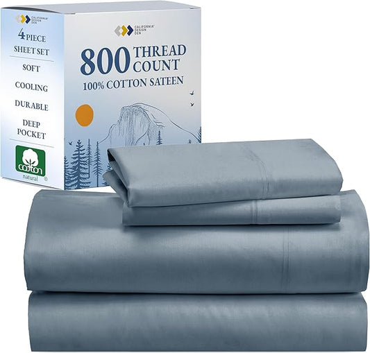 California Design Den Luxury 100% Cotton Sateen - Buttery Soft 800 Thread Count Queen Bed Sheet Set - Beats Fake Egyptian Claim, Durable Deep Pocket Fitted Sheet (Blue)