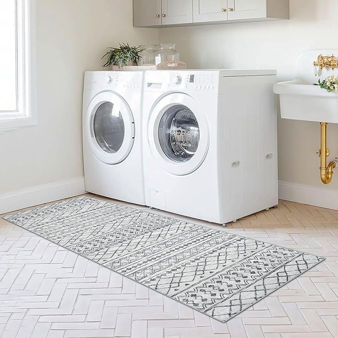 KUTA 2x6 Washable Runner Rug Non-Slip, Grey Moroccan Boho Rug Runner for Hallways Distressed Geometric Vintage Kitchen Rugs, Ultra Soft Floor Mat for Entryway, Bathroom, Laundry, Living Room, Bedroom