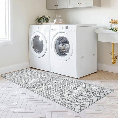 KUTA 2x6 Washable Runner Rug Non-Slip, Grey Moroccan Boho Rug Runner for Hallways Distressed Geometric Vintage Kitchen Rugs, Ultra Soft Floor Mat for Entryway, Bathroom, Laundry, Living Room, Bedroom