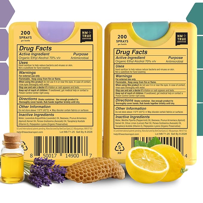 Organic Beeswax Hand Sanitizer Spray - 4-Pack (2 Lavender + 2 Citrus Peppermint), Travel Size Mist Spray with Organic Ethyl Alcohol, Moisturizing with Essential Oils, Non-Toxic, Made in USA